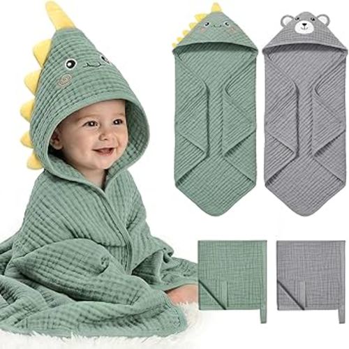 CandyHome 4 Pack Muslin Baby Towels for Newborn Set, 100% Cotton 2 Hooded Baby Bath Towels 32x32 with 2 Washcloths 10x10, Super Soft Absorbent Infant Toddler Bath Essentials Gifts, Dinosaur & Bear