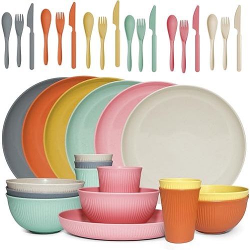 36 pcs Wheat Straw Kids Set - Non-Toxic Baby/Toddler Dish Set