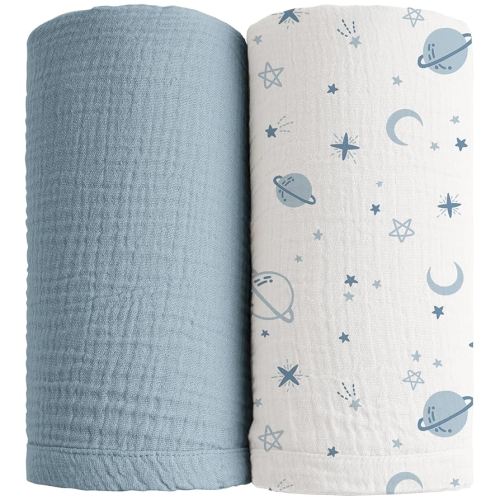 Konssy Muslin Swaddle Blankets for Boys Girls, 2 Pack Receiving Baby Blanket Large 47 x 47 inches, Soft Breathable Swaddling Wrap for Unisex Newborn (Star,Blue)