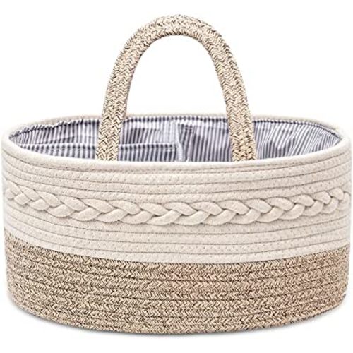 Baby Diaper Caddy Organizer, Portable Cotton Rope Woven diapers Caddy-Nursery Storage, DIY Basket with Changeable Compartments, Newborn Shower Gift Tote Bag Yellow