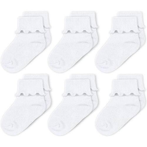 Cozyway Baby-girls Socks 6 Pack Ruffle Ripple Edge Turn Cuff Socks For Baby Toddler Girls, White, 0-9 Months