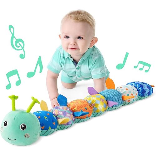 LIGHTDESIRE Baby Toys Musical Caterpillar,Infant Stuffed Animal Toy with Crinkle and Rattles,Soft Sensory Toys with Textures for Tummy Time Newborn Boys Girls 0 3 6 12 Months(Blue)