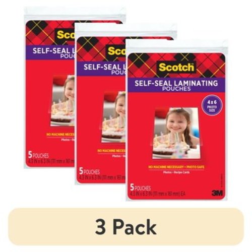 (3 pack) Scotch Self-Sealing Laminating Pouches 4.3 in x 6.3 in, Gloss Finish, 5 Pouches