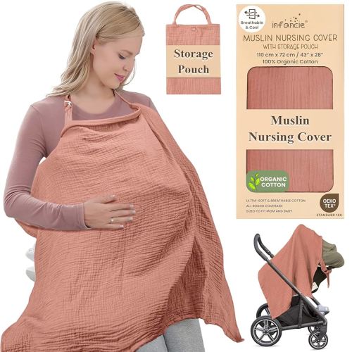 Organic Cotton Nursing Cover - 43 x 28 Inch Breathable Muslin Breastfeeding Cover, Multi-Purpose for Women (Rust)