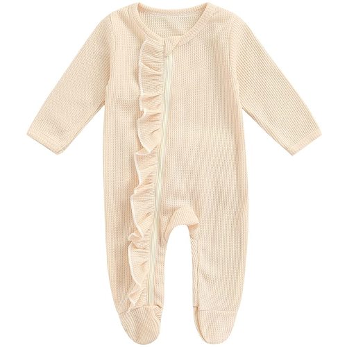 Ayalinggo Newborn Baby Girl Footie Waffle Knit Romper Zippers Ruffle Jumpsuit Fall Winter Clothes