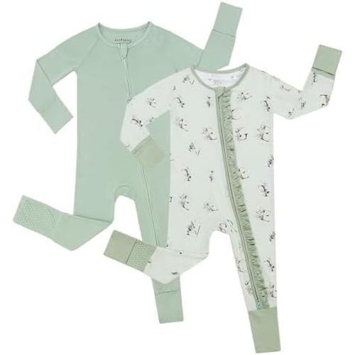 JunNeng 2Pcs Baby Girl Viscose from Bamboo Sleeper with Mitten Cuffs, 2 Way Zipper Romper, Sleep N' Play Pjs 0-18 Months