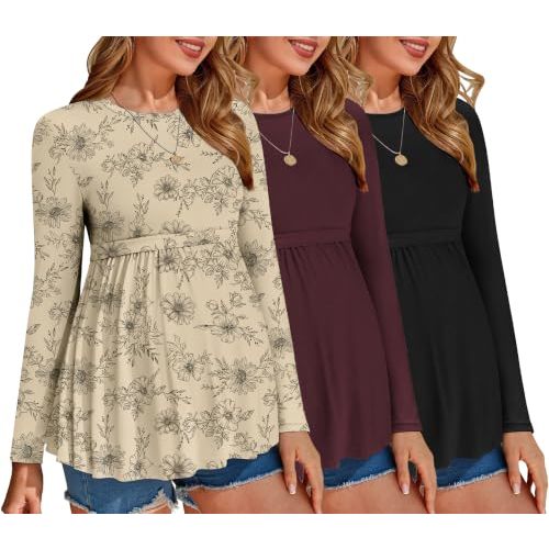 Ekouaer Maternity Shirts 3 Pack Pleated Long Sleeve Tops Pregnancy Clothes | Tunic Casual, Fashion Pregnant Clothes, Casual Winter Wear, Buttery Soft, Skin-Friendly Feel