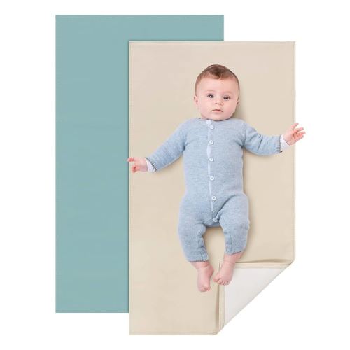 2 Pack Baby Leather Changing Mat, Waterproof Portable Diaper Changing Pad for Home, Wipeable Foldable Baby Travel Mat Fits Perfectly in Diaper Bag, 30 x 17 inches, Off White and Blue
