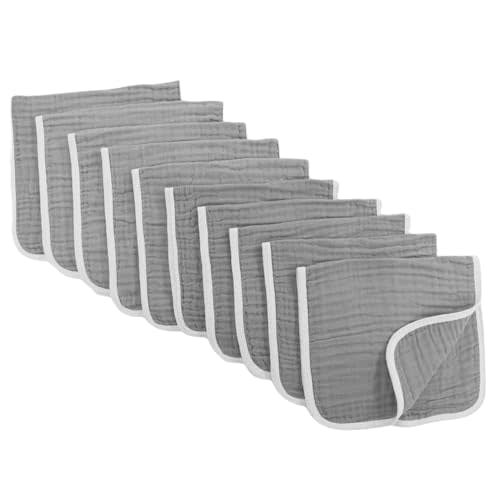 Synrroe Burp Cloths Large, Muslin Burp Cloths for Baby Girls and Boys, Pack of 10 Extra Absorbent and Soft Muslin Bibs, 6 Layers 20 by 10 Inches 100% Cotton (Grey 10 Pack)