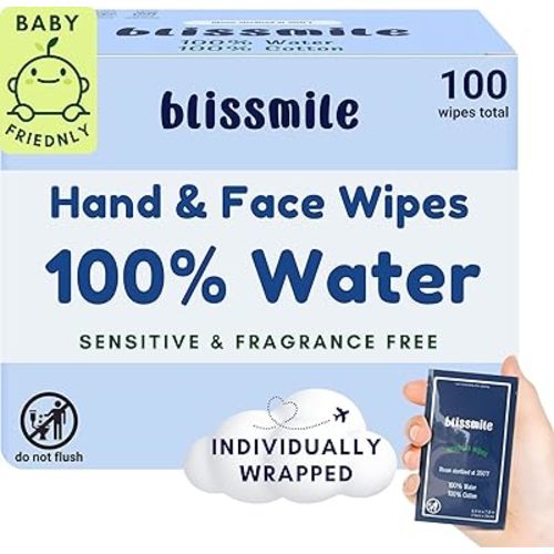 Baby Hand Wipes Individually Wrapped - 100% Water, Chemical- & Fragrance- & Alcohol-Free, 100% Cotton, Hypoallergenic for Sensitive Skin, Unscented - Baby Face Wipes Travel Size - 100 Wipes Total
