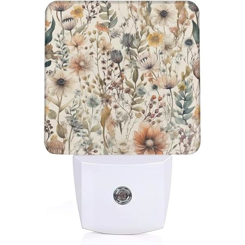 Boho Watercolor Floral Night Light, Dusk to Dawn Sensor Night Lights for Bedroom Bathroom Kitchen Hallway Stairs Hallway, Plug into Wall Nightlights