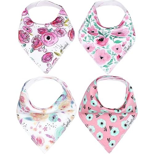 Copper Pearl Baby Bandana Bibs - 4 Pack Soft Cotton Baby Bibs for Drooling and Teething, Absorbent Drool Bibs for Baby Girl and Boy, Adjustable to Fit Newborns to Toddlers, Tons of Styles (Bloom)