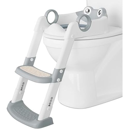 Potty Training Seat with Step Stool Ladder Toddler Kids Potty Seat with Handles Toilet Training Seat with Anti-Slip Safe Pads Adjustable Height Legs for Kids Boys Girls Non-Slip Wide Step Gray
