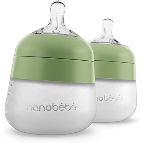 Nanobébé Flexy Silicone Baby Bottle, Anti-Colic, Natural Feel, Non-Collapsing Nipple, Non-Tip Stable Base, Easy to Clean 2-Pack, Sage, 5 oz
