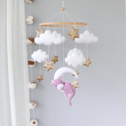 Dragon baby mobile for crib, Fantasy nursery decor, Baby girl shower gift, Moon, clouds & stars felt mobile, Purple lilac sleeping dragon