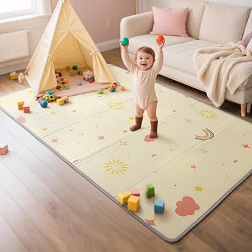 Mallify Extra Large Foldable Play Mat, Reversible Baby Play Mat with Edge Reinforcement, Non-Toxic & Waterproof Baby Mat for Floor, Foam Playmat for Infants Toddlers, Rainbow, Cloud & Moon, 47''x71''