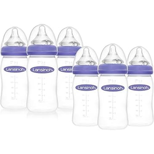 Lansinoh Anti-Colic Baby Bottles for Breastfeeding Babies, 8 Ounces, 6 Count, Includes 6 Medium Flow Nipples, Size M