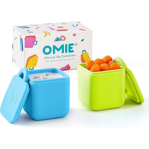 OmieBox (2 pack) Leakproof Dips Containers To Go, Salad Dressing Container, Condiment Container with Lids - Food Safe Silicone - 4 ounces (Blue/Lime)