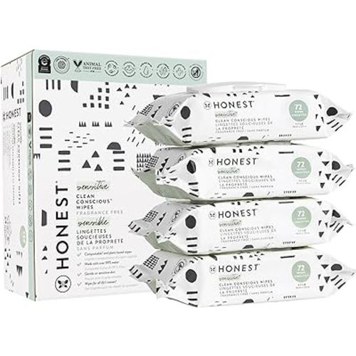 The Honest Company Clean Conscious Unscented Wipes | Over 99% Water, Compostable, Plant-Based, Baby Wipes | Hypoallergenic for Sensitive Skin, EWG Verified | Pattern Play, 288 Count