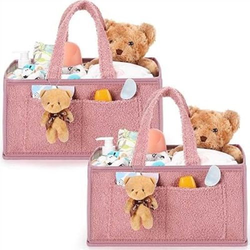 2 Pack Baby Diaper Caddy Organizers with Handle Portable Nursery Storage Baskets with Tiny Doll Ornaments Large Tote Bag for Newborn Essential Wipes Baby Shower Favor Car Storage(Pink)