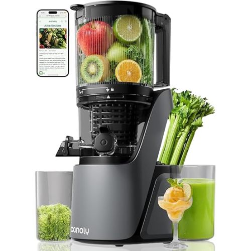 Canoly C16 Cold Press Juicer, 6" Extra Wide Feed Chute, 3-IN-1 Strainers (Juice & Sorbet & Nut Milk), Powerful AC Brushless Motor, Self Precut System, Juicer Machines with BPA-Free (Space Gray)