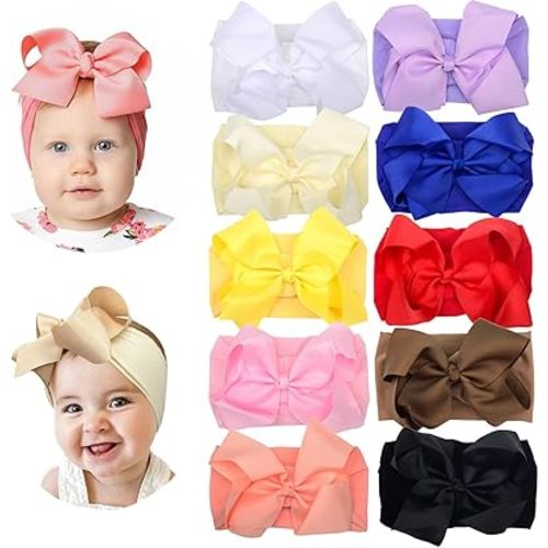 6" Baby Headband Bows, Soft Nylon Hairbands Cute Big Bow Super Elastic Headband for Baby Girls Newborn Infant Toddlers (Black 10Colors)