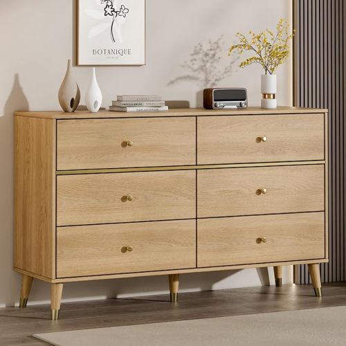 6 Drawer Dresser,47" Wide Mid Century Modern Chest of Drawers,Wooden Bedroom Drawer Dresser with 6 Storage Drawers for Bedroom,Living Room,with Anti-Tipping Device,Woody.