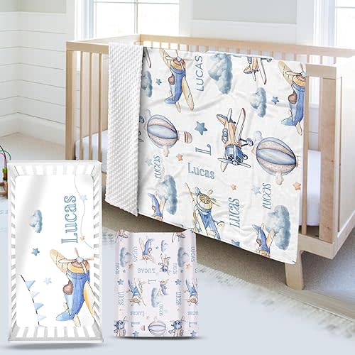 Custom Name Crib Bedding Set 3-Piece – Toy Airplane Design Baby Bedding Set with Personalized Soft Blanket, Fitted Sheet, Changing Pad Cover – Ideal Newborn Gift for Boys and Girls
