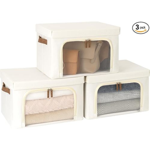 StorageWorks Storage Bins with Lids, Decorative Boxes with Clear Window for Clothes, Fabric Collapsible Baskets for Closet Organization, Medium, Beige, 3 Packs