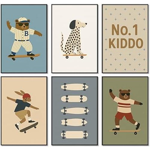 Skateboard Canvas Wall Art, Nursery Animal Sports Posters, Fashion Sunglasses Bear Athletes Pictures, No.1 Kiddo Inspirational Quote Print, Funny Skateboard Rabbit Dog Painting 8x12in Unframed