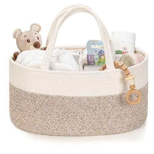 Diaper Caddy Organizer, Baby Storage Basket, Nursery Bin and Car Organizer for Diapers, Gift Basket for Baby Shower List or Newborn Essentials, Boys and Girls - White and Beige Brown
