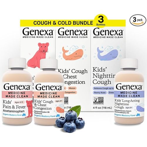 Genexa Kids' Clean Cough, Pain & Fever Relief Value 3-Pack, Dye Free, 0% Artificial Additives, Cough Care for Children, Fever Reducer & Pain Reliever, 12 fl oz (3 Bottles)