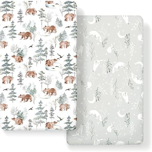 Stretchy Ultra Soft Jersey Knit Fitted Crib Sheets Set 2 Pack,Fit All Standard Crib Mattress Pads Safe and Snug, Stylish Pattren of Bear and Wolf Print