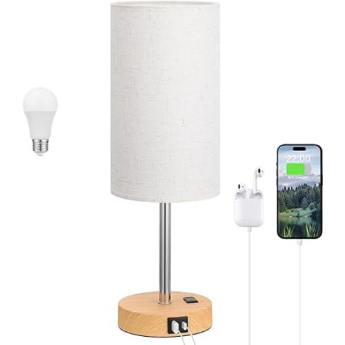 Touch Bedside Table Lamp with USB - 3 Way Dimmable Wood Lamp for Bedroom Nightstand, Desk Lamp with Charging Station for Dorm, Office, Kids Room, Living Room