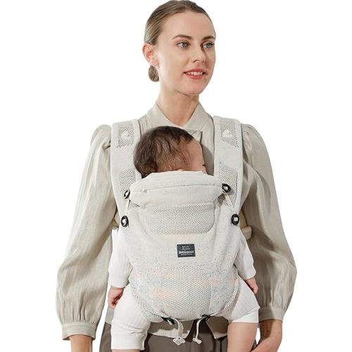 Bebamour Knit Baby Carrier Newborn to Toddler -Lightweight Baby Wrap Carrier 3-in-1 Baby Carrier Front and Back Carry (Cream,7-32 lbs)