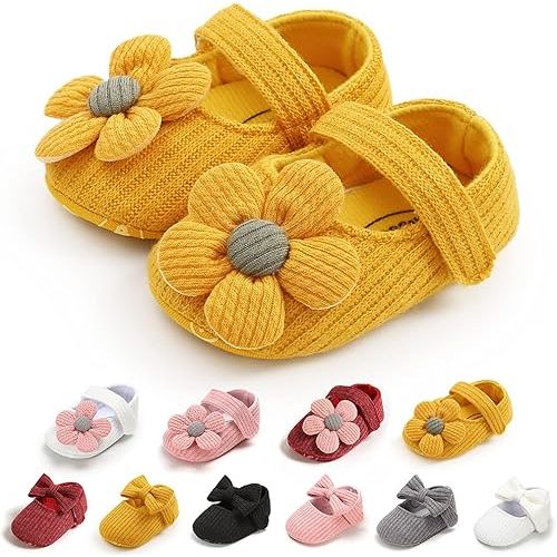 Baby Girls Mary Jane Flats with Bowknot Flowers Soft Newborn Infant First Walkers Crib Shoes Wedding Party Christmas Dress Shoes