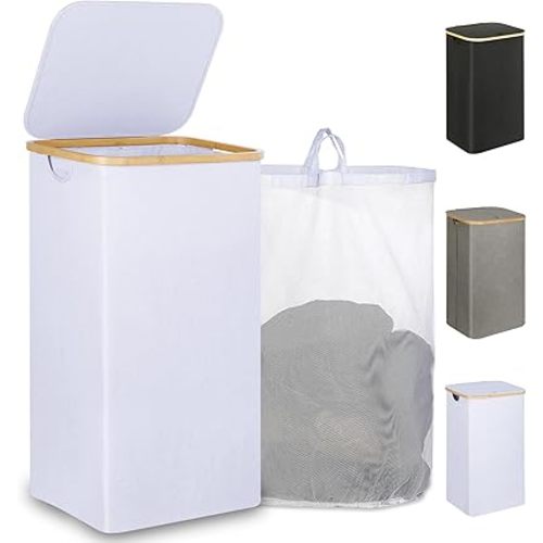 Laundry Basket with Lid, 110L Large Laundry Hamper with Handle and Lid, Collapsible Clothes Basket Organizer with Removable Inner Bag for Clothes Toys Towels - White