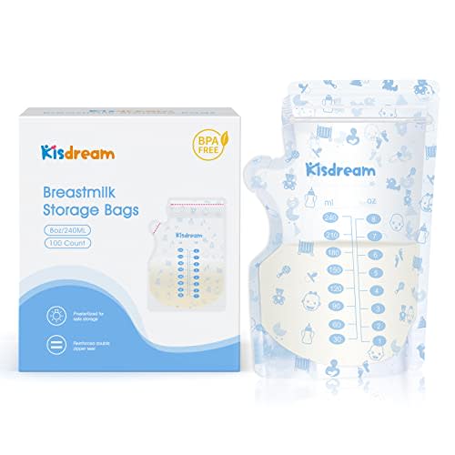Storage Breastmilk Bags for Baby with Container Spout & Thickened Design, Large Capacity 8 OZ, 100 Count Milk Storage Bags for Easy Labeling, Double Zipper Seal & Fits All adapters BPA-Free
