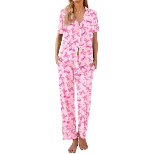 Ekouaer Women Pajamas Set Button Down Sleepwear Short Sleeve Nightwear with Long Pants Soft Pjs Set S-XXL