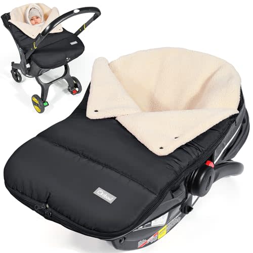 Orzbow Winter Car Seat Cover for Babies, Universal Baby Car Seat Bunting Bag with Adjustable Collar, Waterproof Carseat Cover with Zipper, Warm Berber Fleece, Detachable and Machine Washable, Black