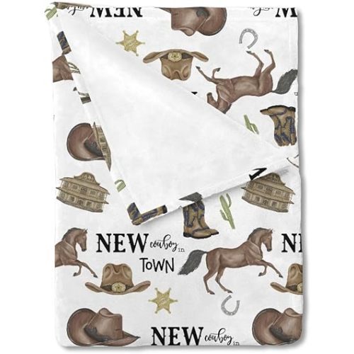 HawSkgFub New Cowboy in Town Western Baby Blanket Boy Shower Gift, Wild West Horse Boot Hat Flannel Fleece Nursery Bed Receiving Swaddle, Soft Lightweight Newborn Infant Toddler Kid Crib Bedding 40x50