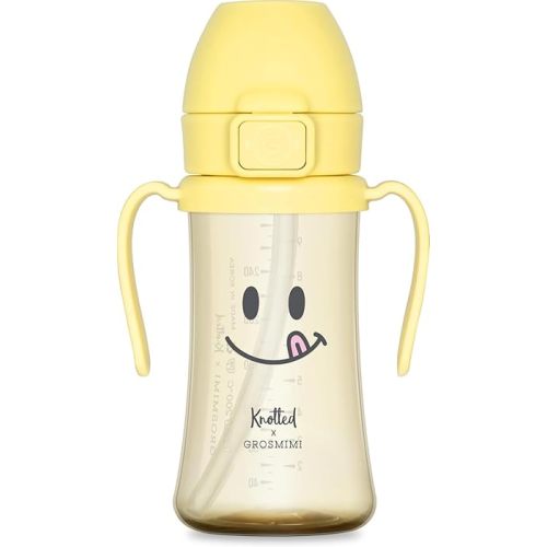 GROSMIMI Baby Straw Cup, Spill-Proof PPSU Sippy Cup with Flip-Top, Rotating Handles for Babies & Toddlers 12+ Months, Bite-Resistant Silicone Straw, BPA-Free, Stage 2, 10oz (Smile)
