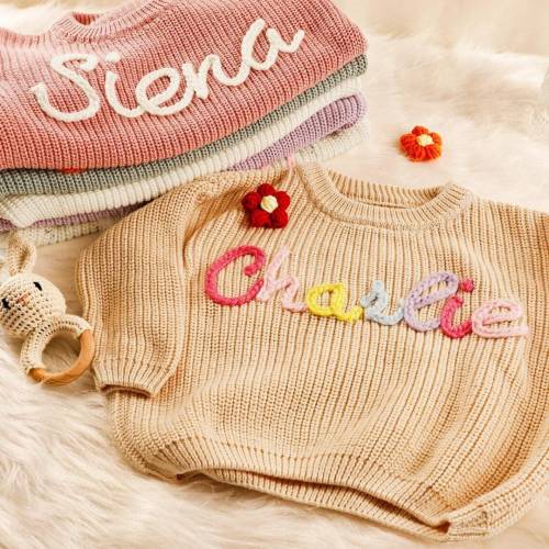 Personalized Baby Name Hand Embroidered Sweater,Baby Knit Sweater with Name,Announcement Baby Sweater,Baby Birthday Gift,Newborn Gift