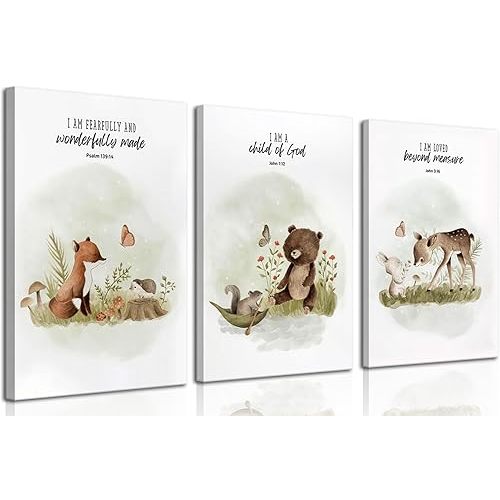 3Pcs Christian Nursery Animal Canvas Wall Art Bible Verse Wall Decor Pictures Religious Watercolor Cute Baby Animals Posters Prints for Kids Boys Girls Room Home Decoration 12x16in