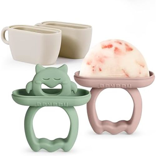 Haakaa Chilly Monster Popsicle Molds, Silicone Breastmilk Popsicle Molds for Baby Teething Relief, BPA Free Ice Pop Molds&Frozen Breast Milk Teether Popsicle Maker for Infant 6m+（Blush + Pea Green）