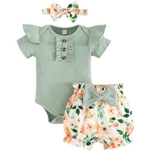 Baby Girl Clothes Newborn Infant Outfit Ruffle Romper and Short Pants Clothing Sets for Summer Spring