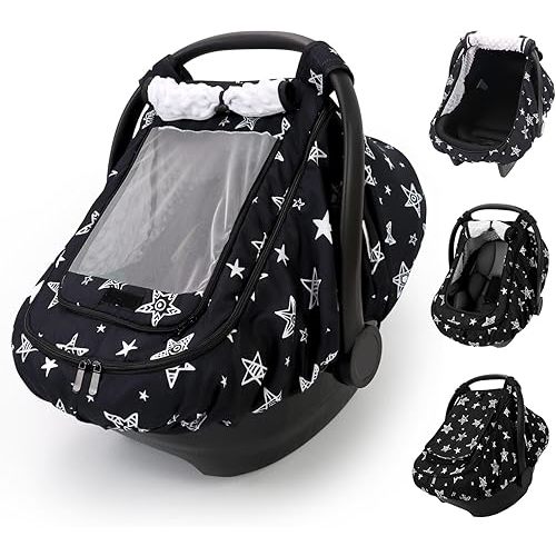 Car Seat Cover Baby Boy, Infant Car Seat Canopy Outdoor, 2 Layers with Mesh and Sun Shade Window for Summer Winter, Easy Access Carseat Covers Snug Fit Baby Stroller - Black Star