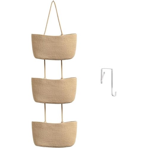 TeoKJ Hanging Baskets for Organizing, 3 Tier Woven Cotton Nursery Organization for Baby Diapers, Toys & Clothes, Space-Saving Decorative Hanging Basket for Wall & Door-Jute