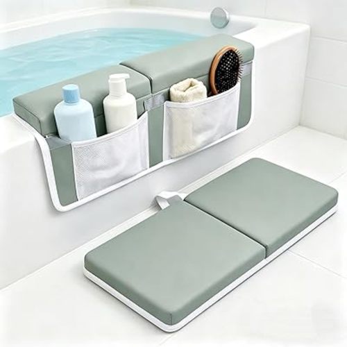 Bath Kneeler and Elbow Rest Pad Set,Quick Dry Soft Kneeling Pad,Baby Bathtub Cushion with Toy Organizer for Bathing Infant or Toddler - Grey Green
