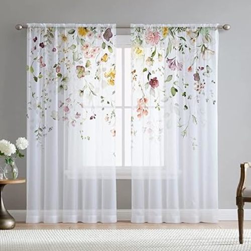 Floral Sheer Curtains for Living Room 84 inch Length 2 Panels Set Elegant Butterfly Spring Flower Printed Window Curtain Chiffon Drapes for Bedroom